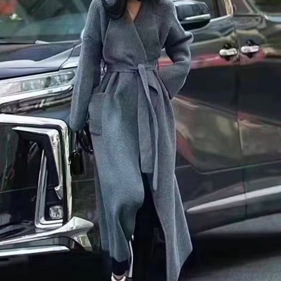 8905. Heavyweight thick Grey Chunky belt wrap Cardigan Maxi Oversized pocket - Picture 1 of 2